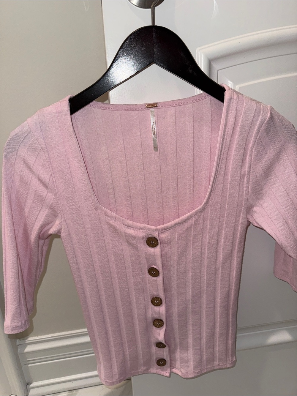 Free People Light Pink Ribbed Button-Front Top